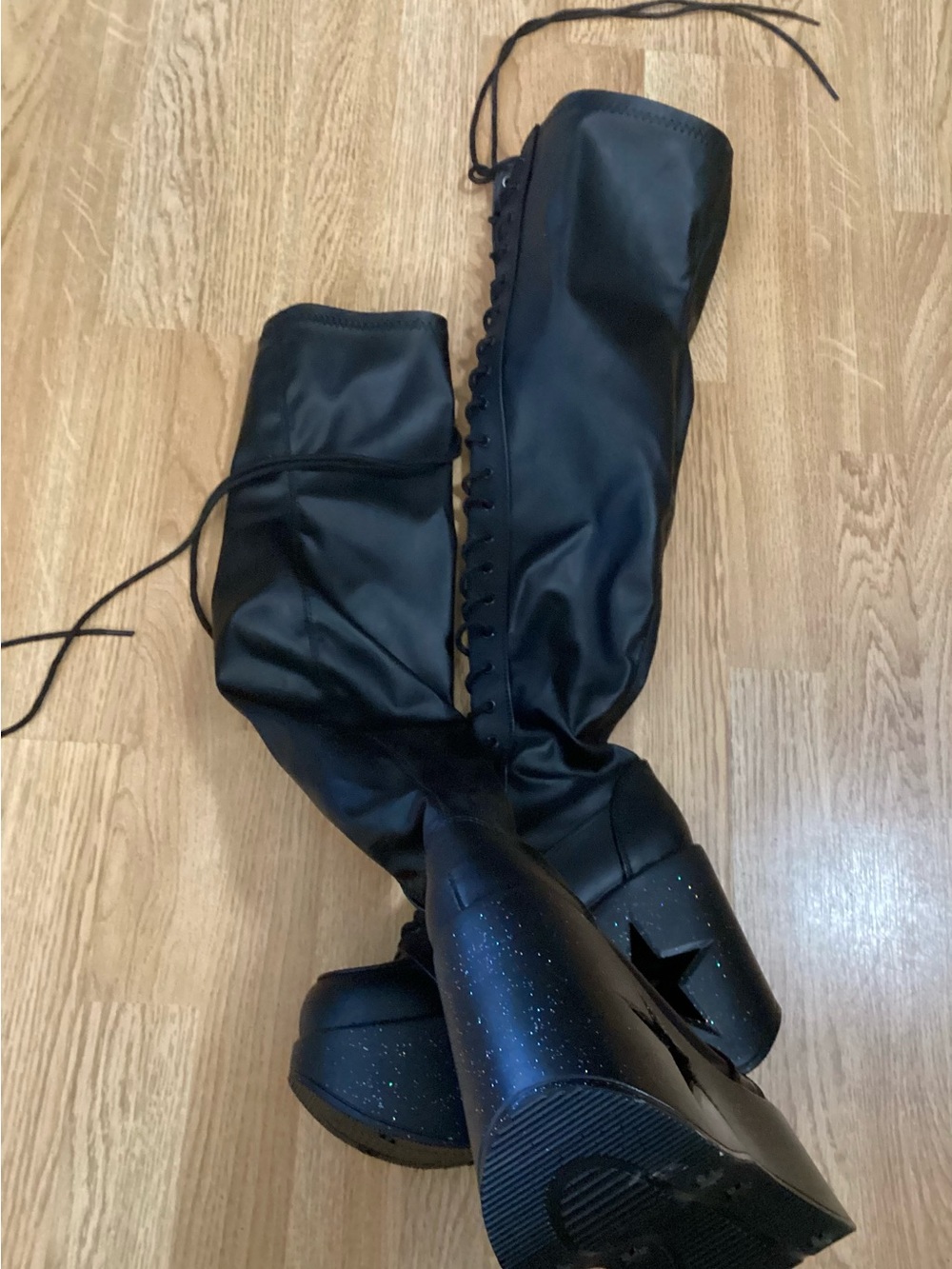 Demonia Dynamite-300 Black Matte Star Cutout Platform Thigh-High Boots Womens 9 - Picture 8 of 14